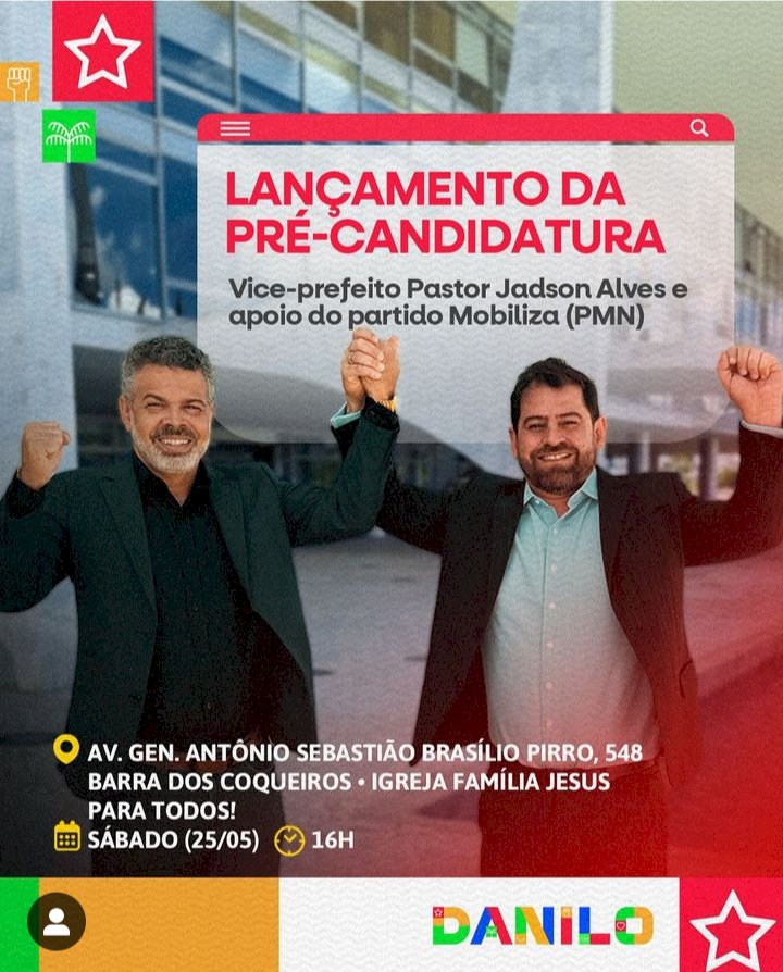 Evento lançará pré-candidatura a vice do Pastor Jadson Alves e oficializa o apoio de seu partido a Danilo de Lula